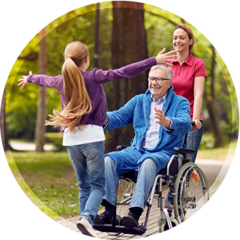 Circle showing grandfather opening his arms to hug gran daughter