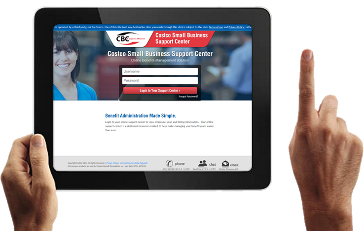 hands holding an ipad showing the costco small business support center login page