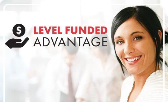 A smiling female business owner with the Level funded advantage logo